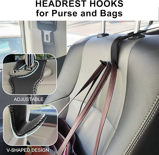 Car Headrest Hooks, 2 Pack Leather Car Purse Holder, Car Back Seat Organizer for Purse Coats Umbrellas Groceries