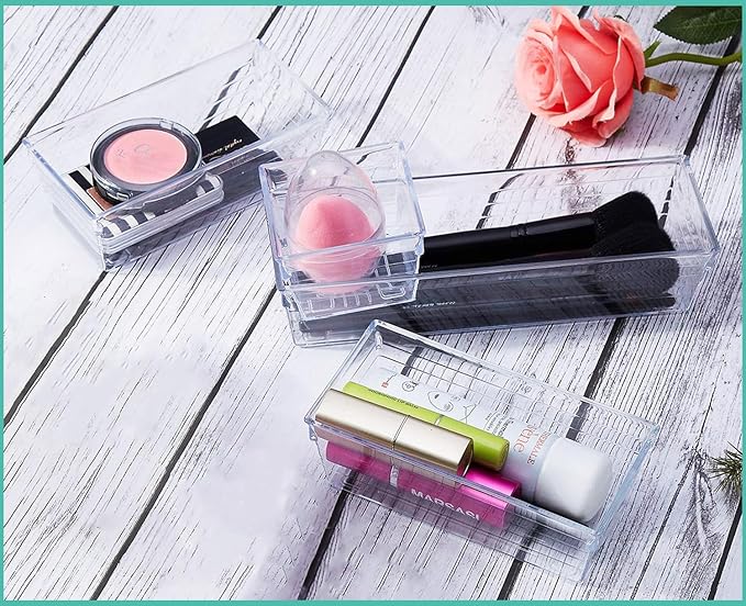 DCA 6 Pack Clear Drawer Organizer, Acrylic Drawer Storage Trays, Storage Bins for Makeup, Cosmetics, Jewelries, Utensils, Gadgets, Office