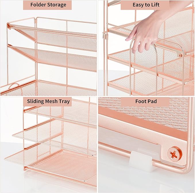 OPNICE Desk Organizers and Accessories, 6-Tier Letter Tray Paper Organizer, Desktop File Organizer, Office Desk Accessories for Office Supplies (Rose Gold)