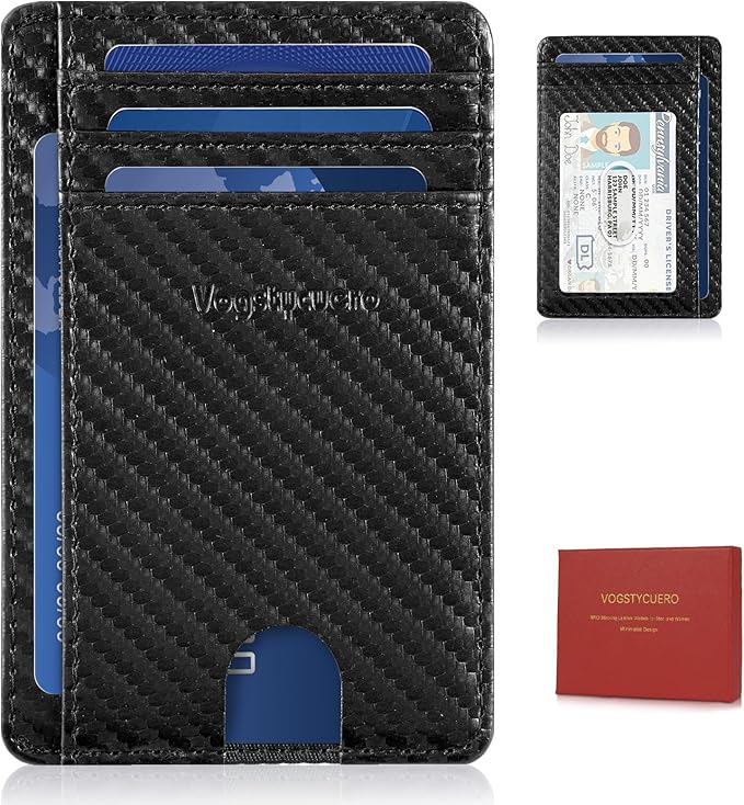 Front Pocket Thin Wallet for Men Women RFID Blocking Credit Card Holder Card Cases Slim Minimalist Wallet with Gift Box Carbon Fiber Black