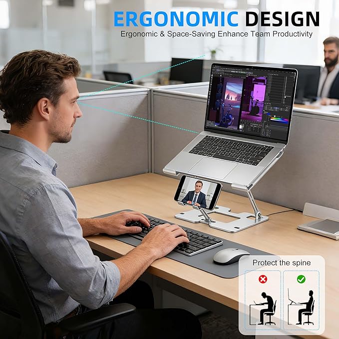 Ergonomic 2-in-1 Laptop Stand for Desk with Phone Holder, Adjustable Laptop Riser, Computer Stand for Laptop, Sturdy and Portable Stand, Compatible with Most Laptops and Phones (White)