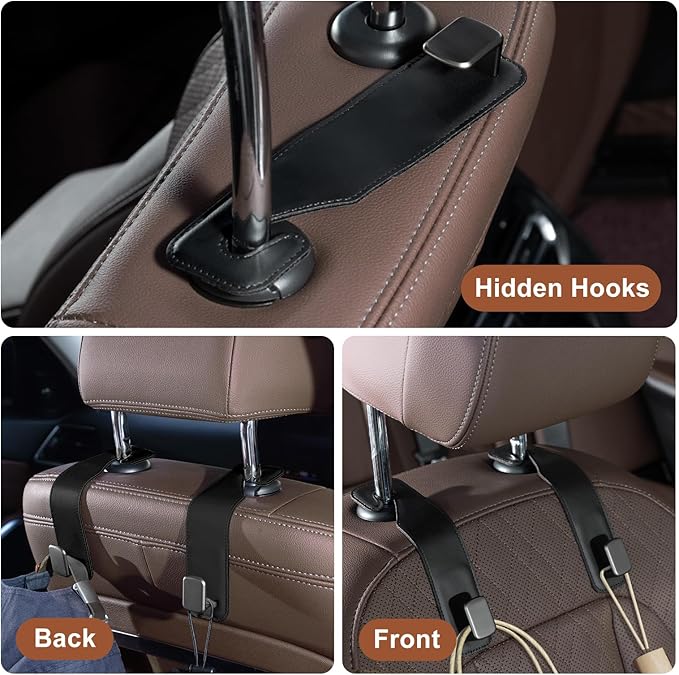 CoBak Headrest Hooks for Car - Universal Premium Stitched Leather and Aluminum-Magnesium Alloy Single Car Seat Back Storage Hook for Purses, Handbags, Bags (2 Pack),Black