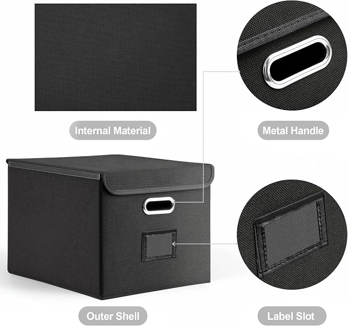 Hleelomi Collapsible File Box with Lid & Plastic Slide - Hanging Document Organizer for Office/Home, 14.96x12.6x10.83 Inch,Decorative Home File Bin,Black, 1 Pack (No Folders Included)