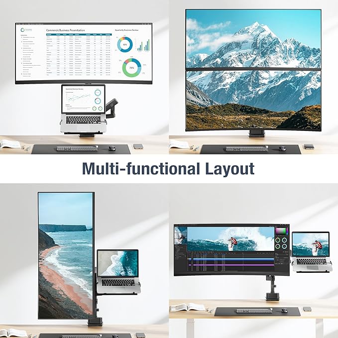 AVLT Laptop & 38 Inch Monitor Arm Pole Top Mount-Black, Supports 26.4 lbs (12 kg), Stacked Monitor, VESA Compatible, Ultrawide Screen Fit, Adjustable Height, Tilt Swivel Rotate, Cable Management