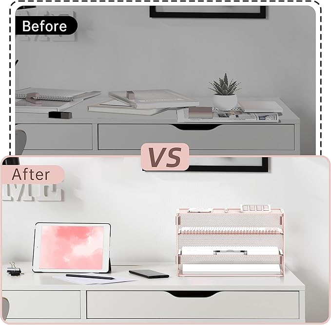 DALTACK 3 Tier Letter Tray Paper Organizer for Desk, Mesh Metal Desk File Organizer with Sliding Trays for Letter/A4 Paper, Mail, Bills & Folders, Pink