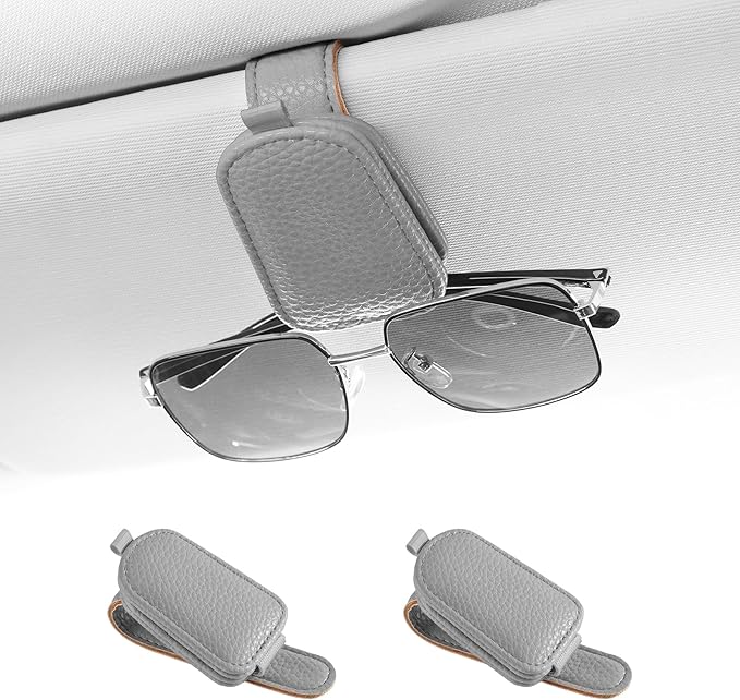 SINGARO Sunglasses Holder for Car, Leather Magnetic Buckle Sun Visor Sunglass Clip, Ticket Card Storage Glasses Clip, Car Interior Accessories for Men and Women（2PCS Gray）