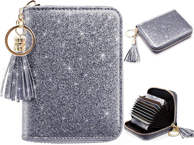 Coco Rossi Women's Small Credit Card Wallet RFID Cute Glitter Card Holder for Women, Grey
