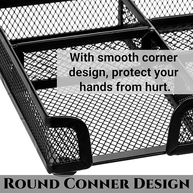 Noamus 2 Pack Desk Drawer Organizer, Metal Mesh Drawer Office Tray, 6 Compartments Pen Organizer Storage Box, Desktop Basket Accessories for Home Office School Kitchen Vanity Supplies, Black