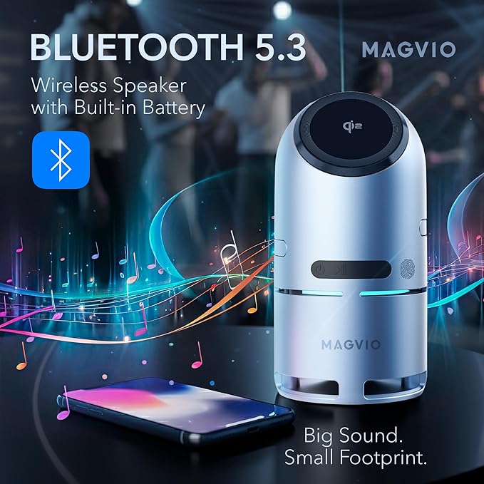 3 in 1 Mag-Safe Charging Station with Bluetooth Speaker, Auto-Rotating Magnetic Stand, 15W Qi2 Fast Wireless Charger for iPhone 17/16/15/14/13/12, Apple Watch, AirPods, 30W USB-C Adapter