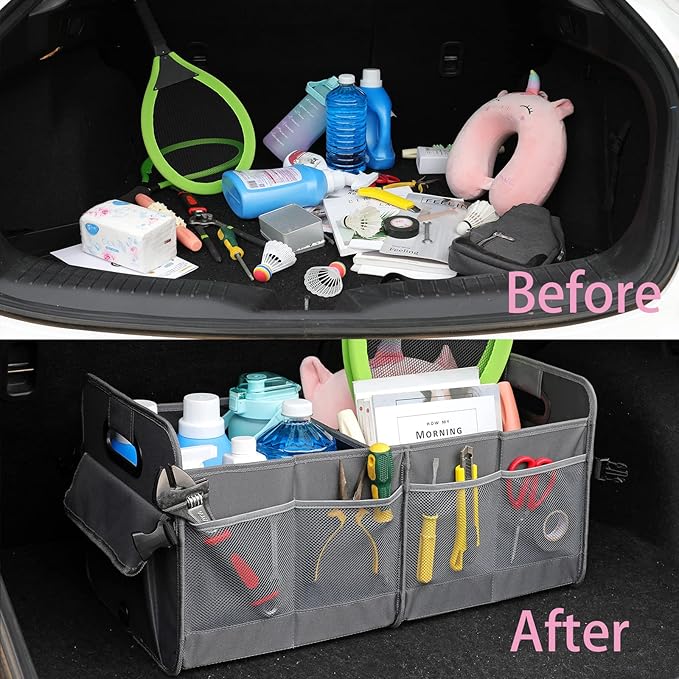 AOKJOY Car Trunk Organizer Car Storage Organizer Collapsible Multi Compartment Car Organizer Adjustable Straps Car Organizer for SUV(Gray)