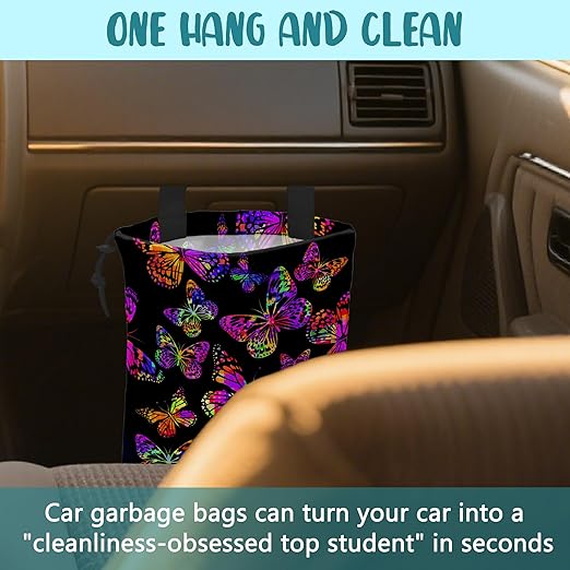 Car Garbage Bag Watercolor Colorful Butterflies Hanging Canvas Car Trash Bag Waterproof Drawstring Car Back Seat Organizer for Car Back Front Seat Console with Adjustable Buckle