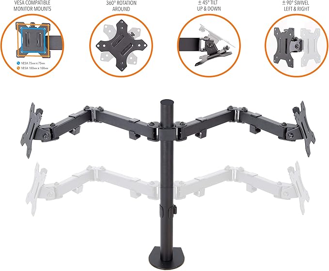 Stand Steady 2 Monitor Mount Desk Stand | Height Adjustable Double Monitor Stand with Desk Clamp| Full Articulation VESA Mount Fits Most LCD/LED Monitors 13-32 Inches (2 Arm Clamp)