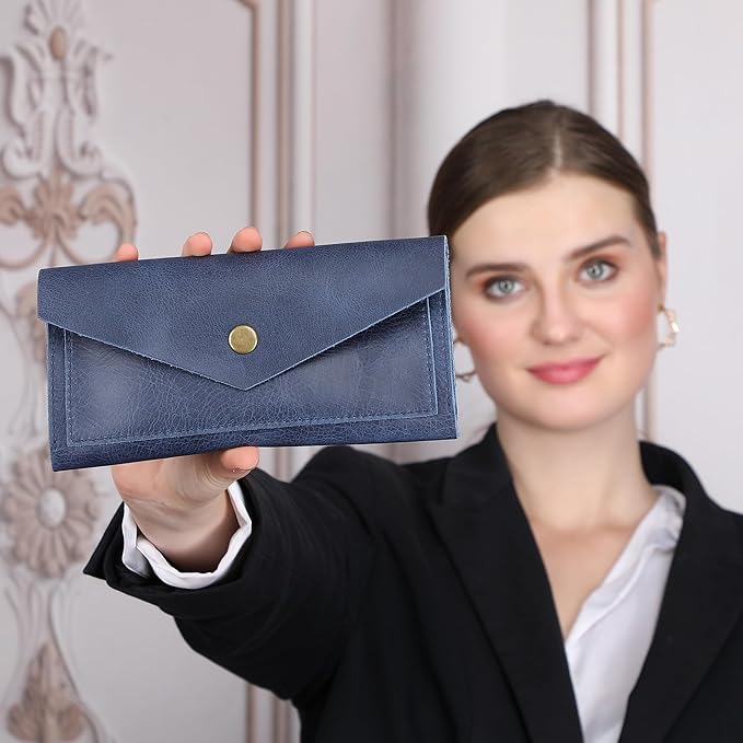 Blue Leather Cash Envelopes for Money Pouch Currency Holders - Soft Leather Money Bag Mobile Holder for Travel - Genuine Leathers Wallets for Women Money Bag - Travel Money Pouch Cash Holder