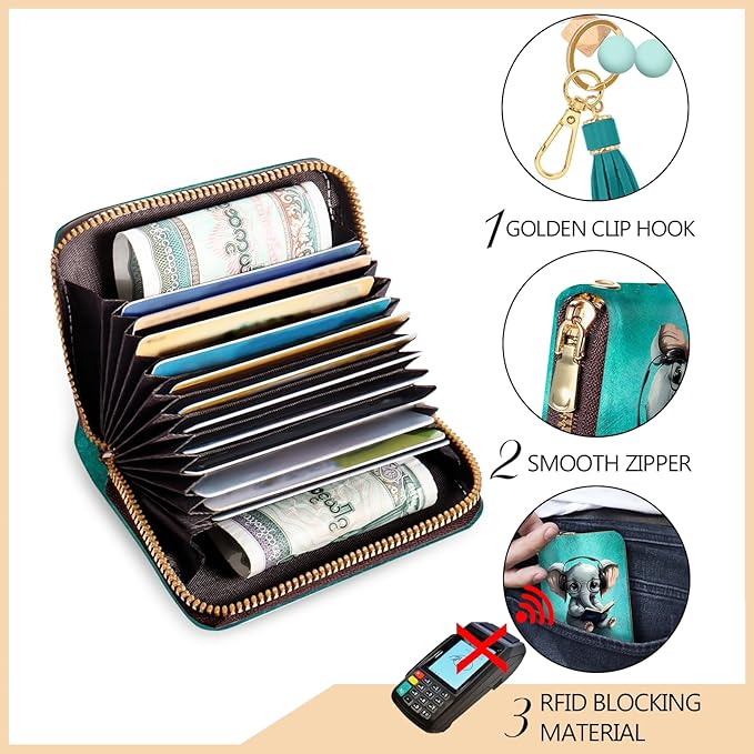 Credit Card Holder RFID Wallet, Small Card Holder Wallet for Women with Keychain Zipper, Funny Leather Print Credit Card Wallets Accordion Gift