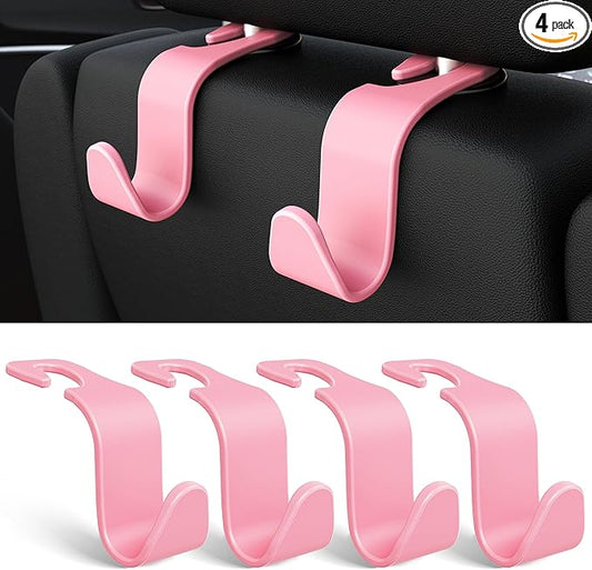 Amooca Universal Car Headrest Hooks, Car Organizer Hanger Storage Hooks for Bag Purse Cloth Grocery (Pink Set of 4)