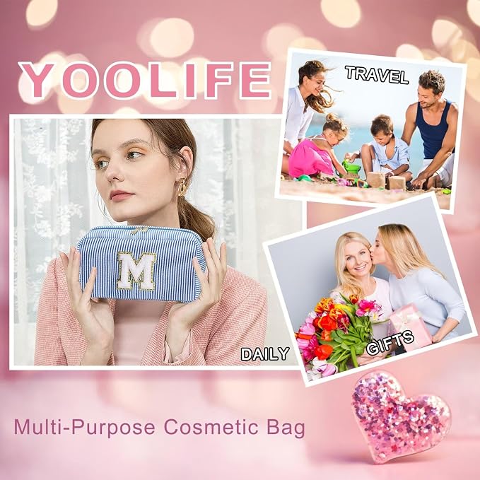 YOOLIFE Initial Makeup Bag for Women - Monogram Cute Makeup Bag Cosmetic Case Toiletry Pouch for Women Her Best Friend Sister Teacher, Personalized Birthday Gifts for Women, Light Blue H