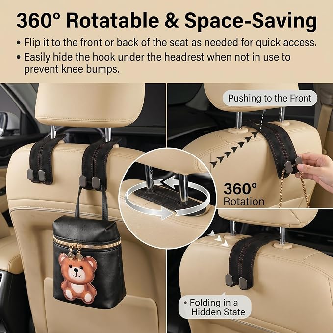 Car Headrest Hooks 2-Pack - Heavy-Duty Car Organizer Hooks for Purses and Grocery Bags,Premium Suede Seat Back Double Hooks,360° Flexible Hooks for Daily Commute and Road Trips (Suede Black)