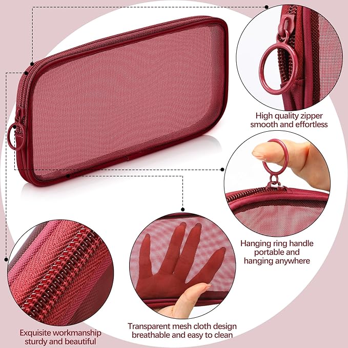 Weewooday 4 Pcs Mesh Makeup Bag Mesh Cosmetic Bag Toiletry Pouch with Zipper Mini Makeup Cosmetic Purse for Daily Accessory(Medium,Claret)