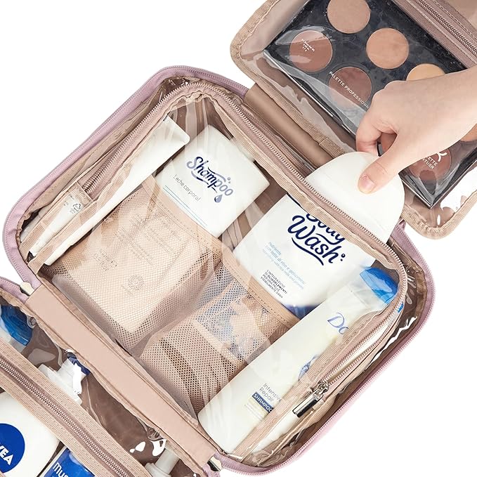 NISHEL Travel Toiletry Bag for Women, Makeup Essentials Organizer, Hanging Case for Accessories, Cosmetics, Large Size, Peach Pink