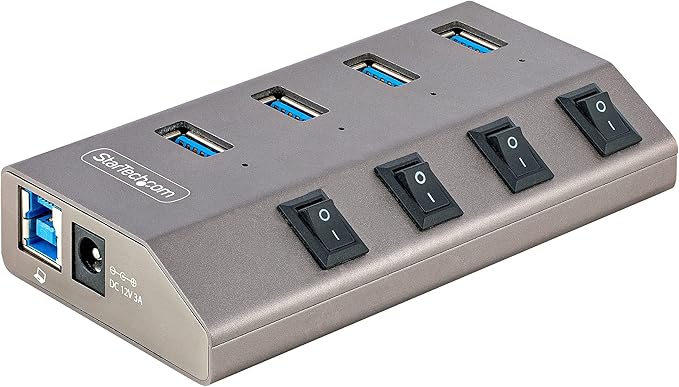 StarTech 4 Port Self-Powered USB C Hub with Individual On/Off Switches, USB 3.0 (5Gbps) Expansion Hub with Power Supply, Desktop Laptop USB-C to USB-A Splitter