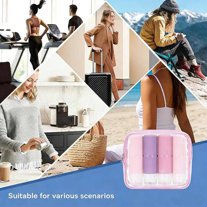 5 packs of toiletries travel bottles, TSA Approval silicone travel containers, leak proof refillable shampoo and conditioner are essential for travel, fitness, business trips, office use(pink)