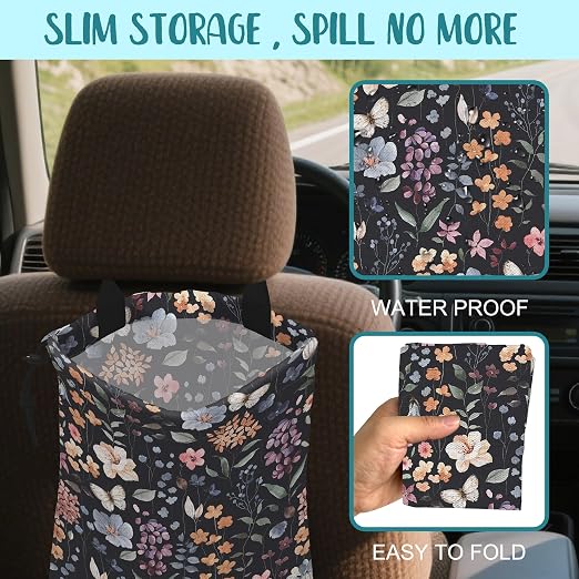Car Garbage Bag Vintage Floral Watercolor Rustic Drawstring Car Trash Bag Hanging for Back Seat with Adjustable Buckle Canvas Vehicle Trash Can Easy-to-Install