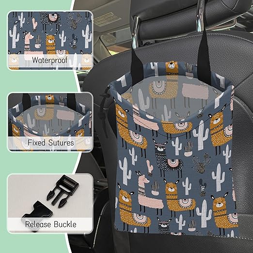 Cute Llamas Car Garbage Bag,Cactuses Waterproof Small Car Trash Bag Hanging Back of Seat,Drawstring Hanging Car Trash Bag with Adjustable Buckle for Car Accessories