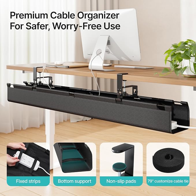 PEGZONE No Drill Under Desk Cable Management Tray, 47.2" Cord Management Under Desk for Table, Clamp Mount Desk Cable Management, Premium Fabric Wire Management Tray for Office, Home, Black