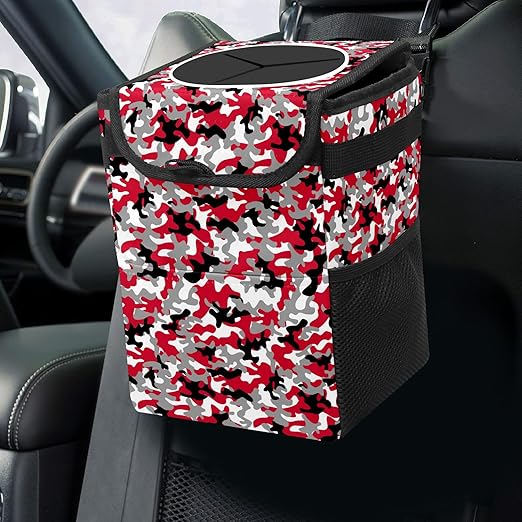 Car Trash Can Red Black White Grey Camouflage Auto Garbage Bag Car Trash Can with Lid Leak-Proof Car Storage Bag Garbage Bag Hanging for Headrest Collapsible and Portable with Storage Mesh Pocket