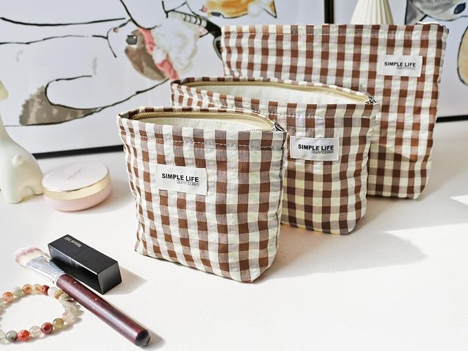 HAPPYHEIDI Nylon Checkered Makeup Bag Set 3 with Pocket Cosmetic Toiletry Travel Pouch, Small Accessory Organizer Bag, 3-Size, Brown, Large Medium Small, Lined, Lightweght