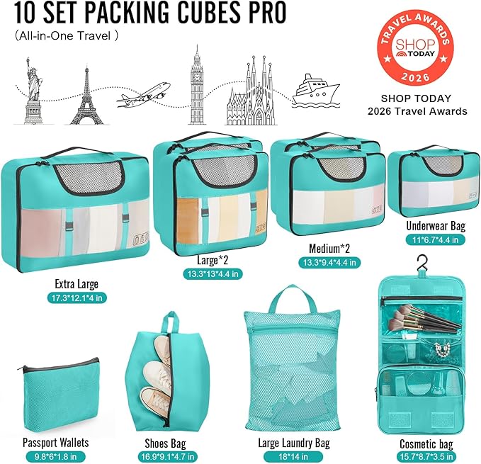 Veken 10 Set Packing Cubes for Kids & Toddler, Airplane Travel Essentials, Beach Vacation & Road Trip Suitcase Organizer Bags Set for Luggage, with Hanging Toiletry & Shoe Bag