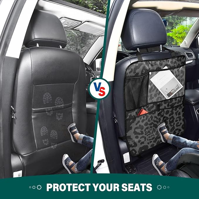 Car Seat Back Organizer Black-white Leopard Print 2 Pack Waterproof Kick Mats Backseat Protector From Dirt,Scratches