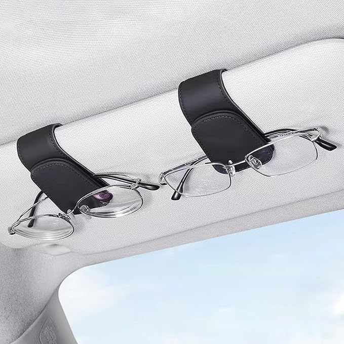 2PCS Sunglasses Holders for Car Sun Visor, Leather Eyeglasses Hanger Mounter, Magnetic Glasses Holder and Ticket Card Clip, Universal Auto Interior Accessories (Black, 1PCS)