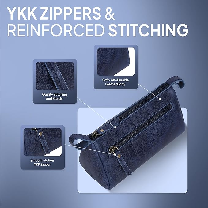 Leather Makeup Bag for Women – Genuine Leather Cosmetic Bag Travel, Handmade Zippered Makeup Pouch, Small Toiletry Bag, Shaving Kit & Stationery Organizer- Blue