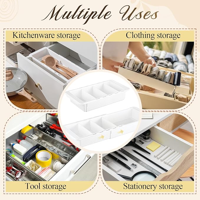 6 Pcs Expandable Drawer Organizer Bins Adjustable Deep Drawer Hanging Organizer Tray Expandable 11.4 to 18.1 Inches Plastic Dividers Storage for Office Bathroom Bedroom Kitchen Desk, White