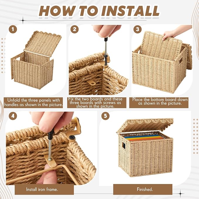 Jingmore Paper Rope File Storage Box with Scalloped Lid Collapsible Letter Size Hanging Filing Organizer Basket for Office/home, Woven Decorative Document Storage School Years Memory Box
