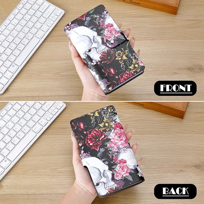 RFID Credit Card Holder, Leather Business Card Organizer with 96 Card Slots, Credit Card Case for Managing Your Different Cards and Important Documents to Prevent Loss or Damage (Skeleton Flower)