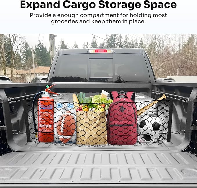 Canvcle Truck Bed Cargo Net for 2019-2025 2026 Dodge Ram 1500 Accessories Envelope Style Mesh Trunk Net Organizer and Storage Stretchable Adjustable Elastic Nylon Rear Cargo Netting with Hooks