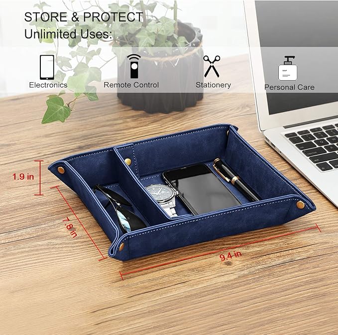 SITHON Valet Tray Desktop Storage Organizer, Removable 2 Compartments Catchall Tray Bedside Vanity Nightstand Caddy Holder Desk Storage Plate, Dark Blue