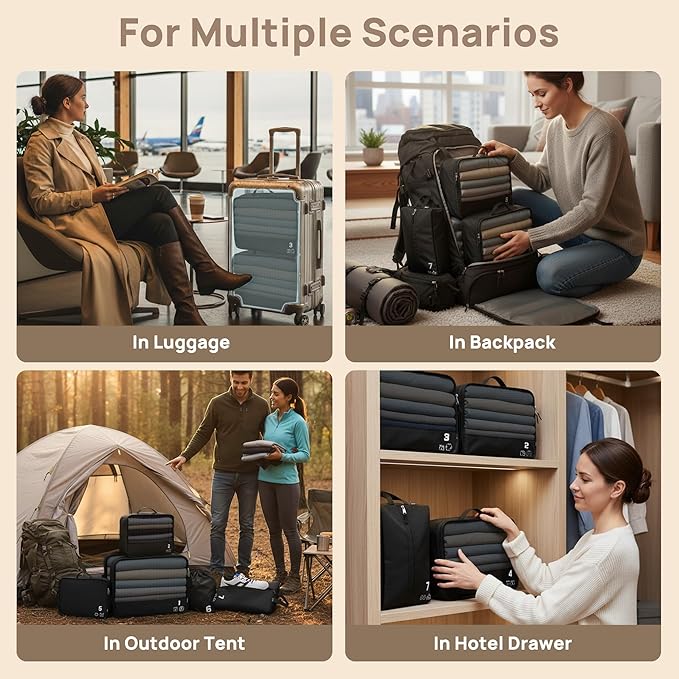 7 Set Compression Packing Cubes Travel Accessories Expandable Packing Organizers (Black)
