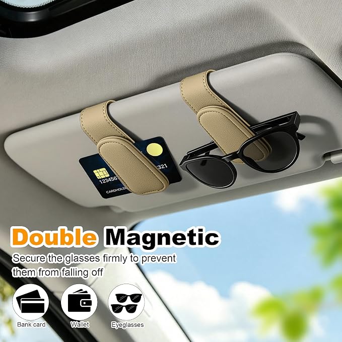 Sunglass Holder for Car Visor Magnetic Leather Visor Sunglasses Clip Eyeglass Hanger Clip for Car Sun Visor Beige 1 Pack
