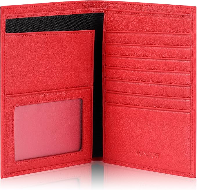 HISCOW Leather Passport Holder for Travel, Bifold Wallet, Pebbled Red | Full grain cowhide, RFID blocking, 7 card slots, cash compartment, frosted ID window, travel essentials, premium gift box