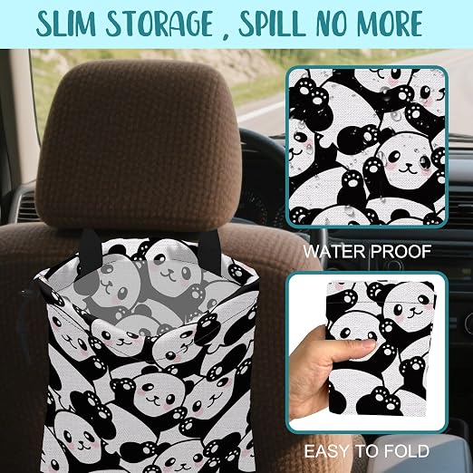 Car Garbage Bag Cute Black Panda Drawstring Car Trash Bag Hanging for Back Seat with Adjustable Buckle Canvas Vehicle Trash Can Easy-to-Install