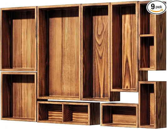 9-Pack Solid Wood Junk Drawer Organizer, Modular Desk Drawer Tray & Accessories with Non-Slip Pad, Multi-Use for Kitchen, Office, Bedroom Dresser, Utensil, Makeup, Stationery, Tea Bags & Coffee Pod