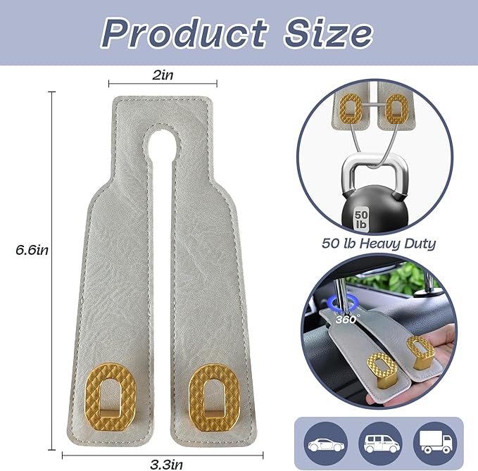 Car Headrest Hooks Universal Car Purse Hook Premium Leather and Alloy Twin Hook Car Seat Back Storage Hanger Hook for Purse Bags Cloth Drink Durable Holder Car Accessories (BH09-Grey-Gold)