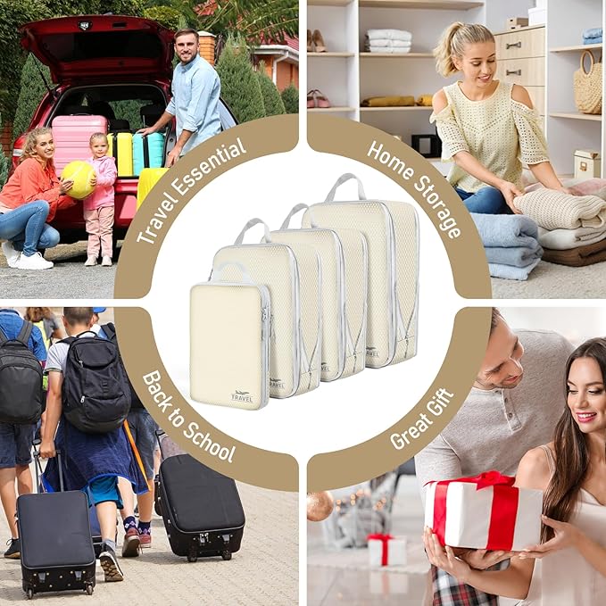 4 Set Compression Packing Cubes, Suitcase Organizer, Lightweight Travel Essentials, Compression Bags For Travel Accessories Luggage Storage Set (4 Pcs, Beige)