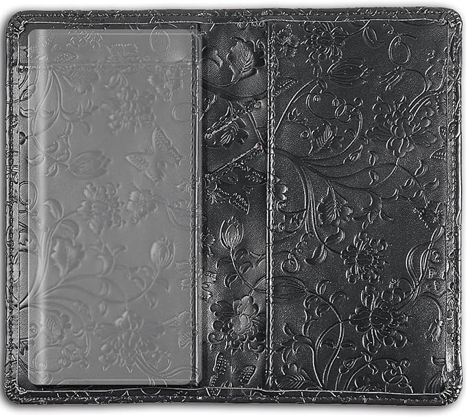 Sanlykate Leather Checkbook Cover for Men and Women, Check Book Case Card Holder with Free Divider, Standard Register Duplicate Checks with pen inserts, Black Flower