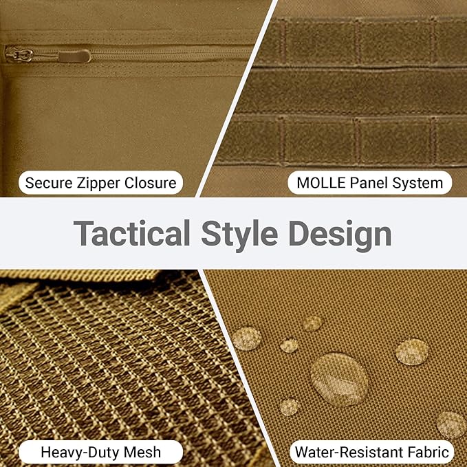 Tactical Car Seat Organizer with Multiple Pockets, MOLLE Panel System & Mesh Compartments, Durable Nylon Universal Vehicle Seat Back Storage with Cup Holder, Water-Resistant (Mud)