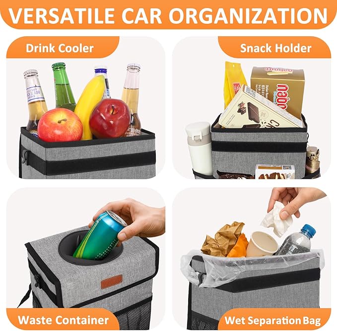 Vankor 3 Gallons Car Trash Can with Lid, Car Trash Bag Bin Hanging Waterproof Automotive Garbage Cans Leak Proof Vehicle Can Grey