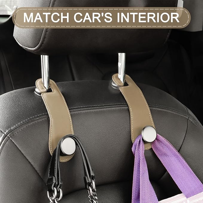 JESTOP Car Headrest Hooks, 2 Pack Leather Car Seat Storage Hanger for Purses Bags, Stylish Car Seat Organizer Hooks for Handbag Coat Umbrellas, Car Inside Accessories, Apricot